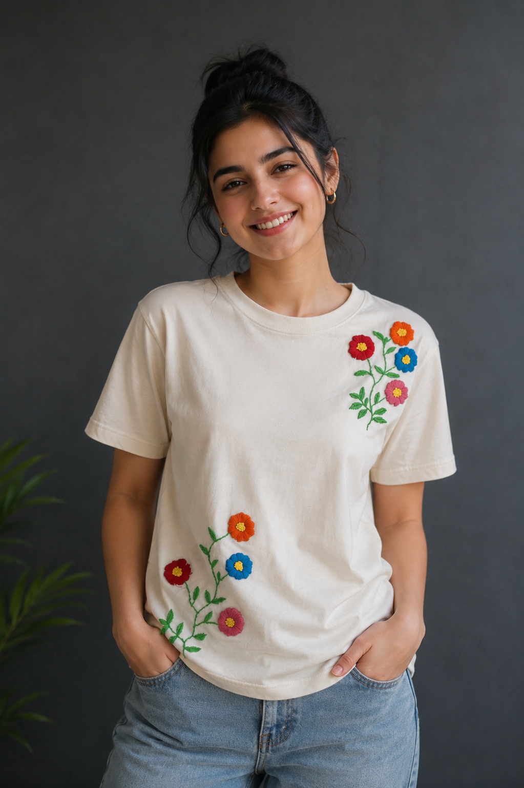 Floral Embroidered Cotton T-Shirt